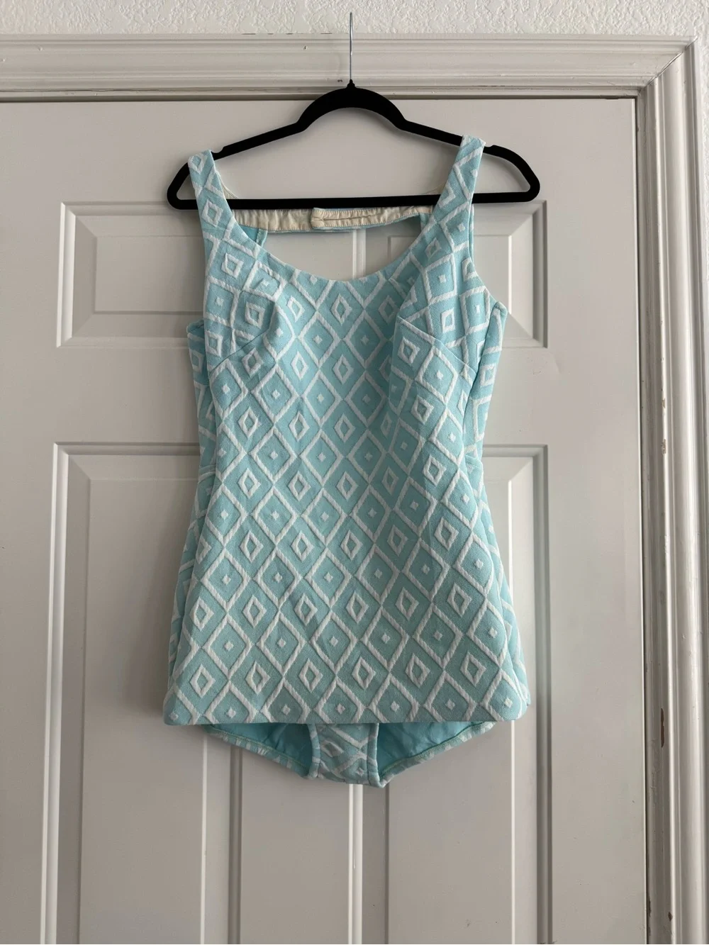 Vintage 1960s white and light blue diamond patterned one piece swimsuit